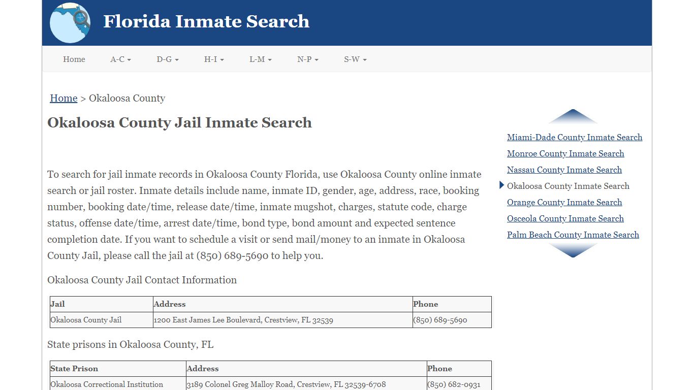 Okaloosa County FL Jail Inmate Search